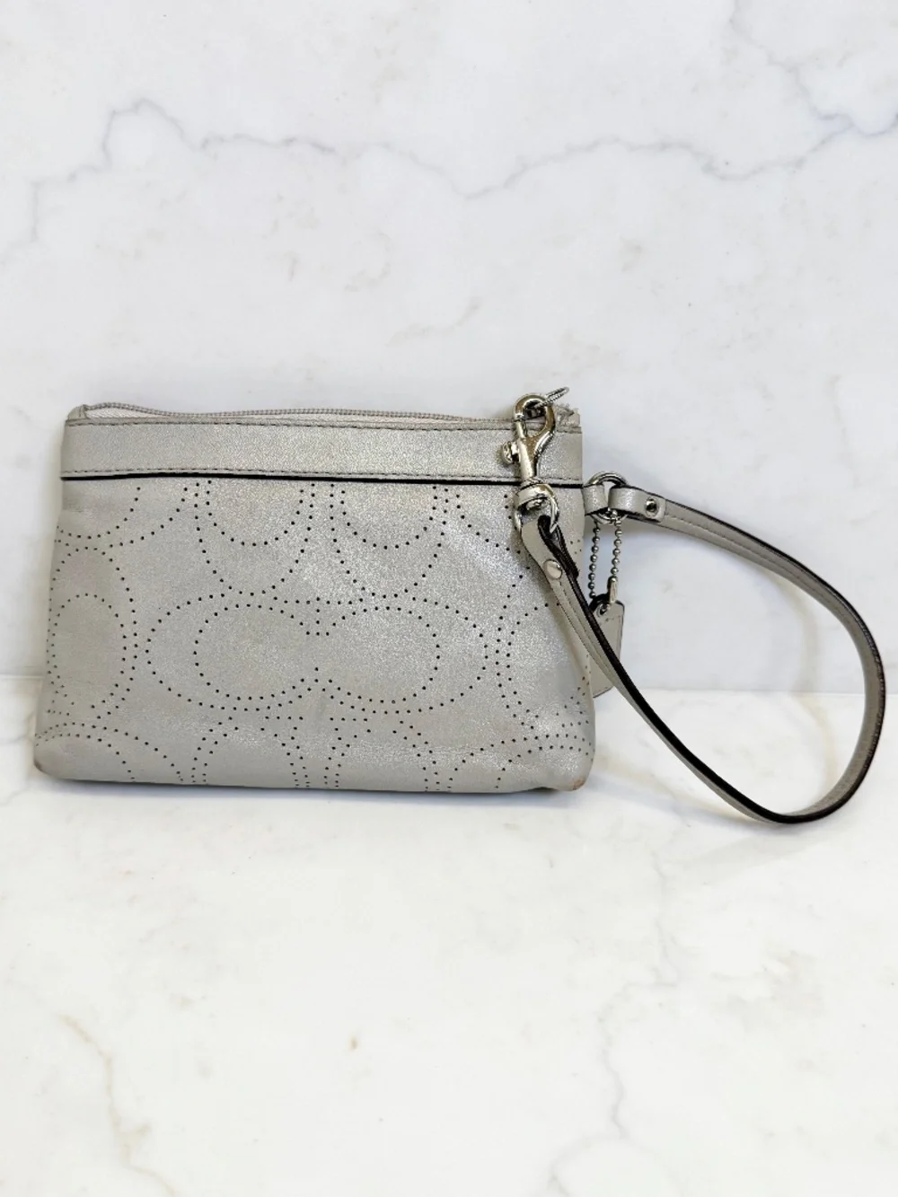 Coach Pearl Grey Perforated Logo Insignia Leather Wristlet F45561